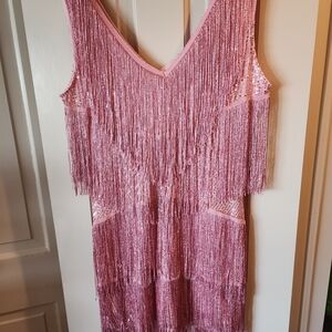 Chic Fringe Midi Dress in Pink
